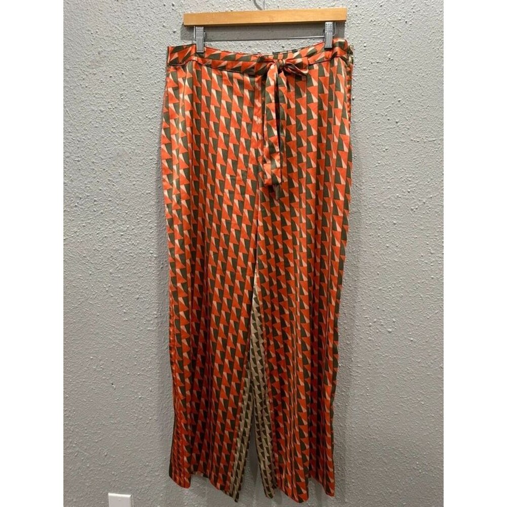 Bar lll Womens Size 12 Geometric Wide Leg Side Zip Front Tie Satin Pants Retro